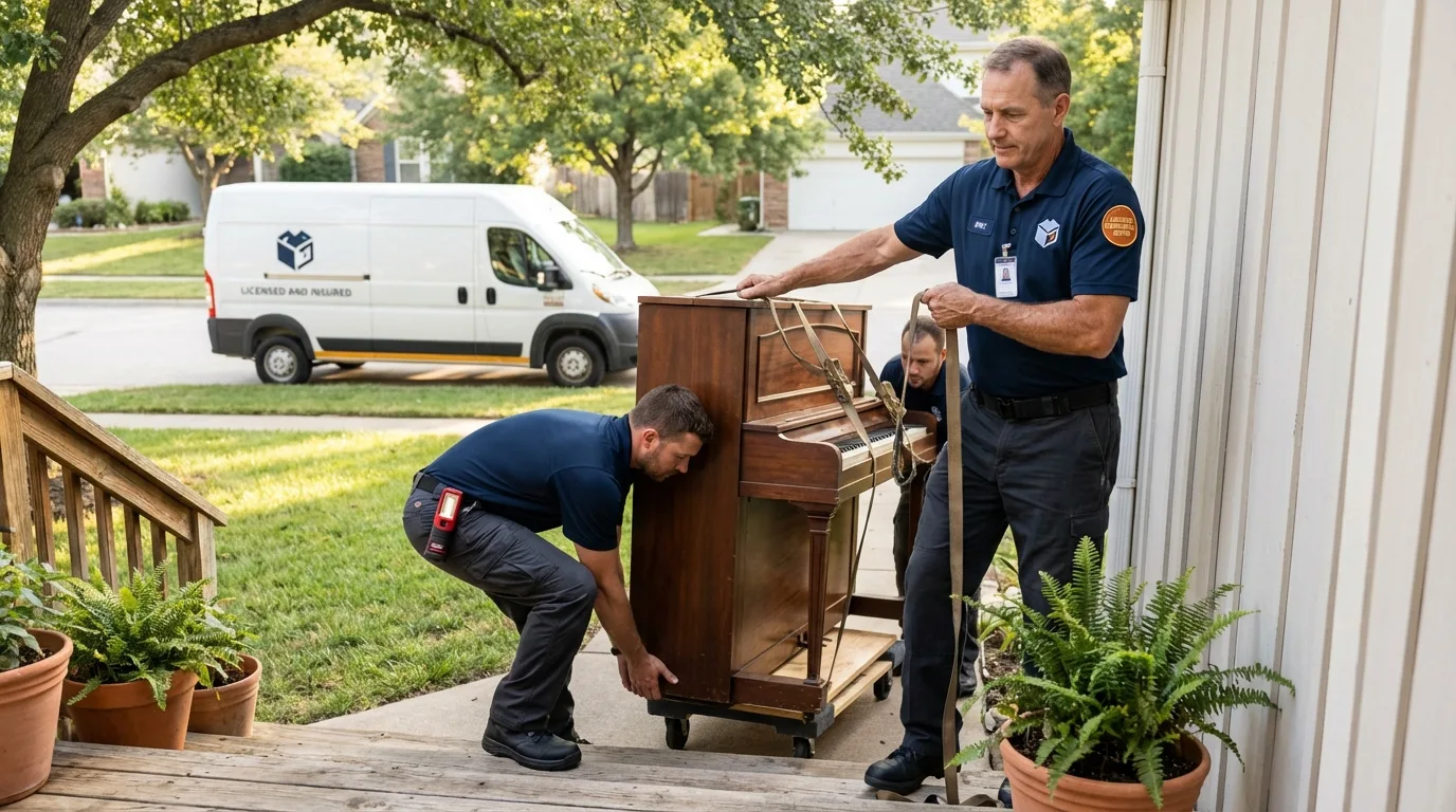 Licensed piano movers securing grand piano in Oxford, GA