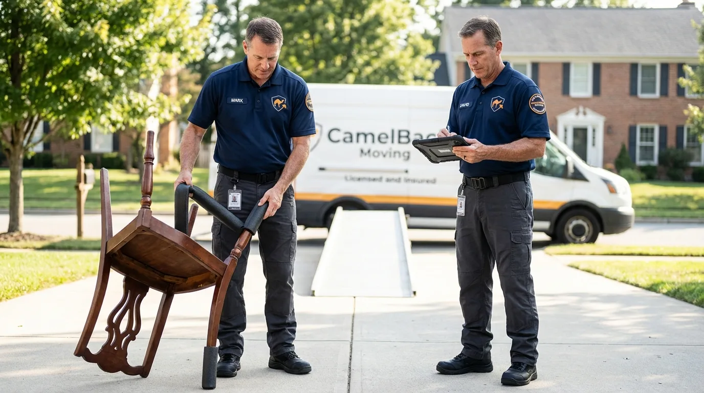 Movers inspecting furniture for damage prevention before loading in Oxford, GA